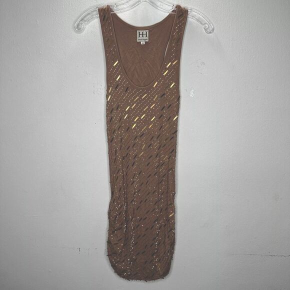 Haute Hippie Chocolate Brown Tank Mini Dress Side Ruche Gold & Beaded Adornment - Picture 1 of 14
